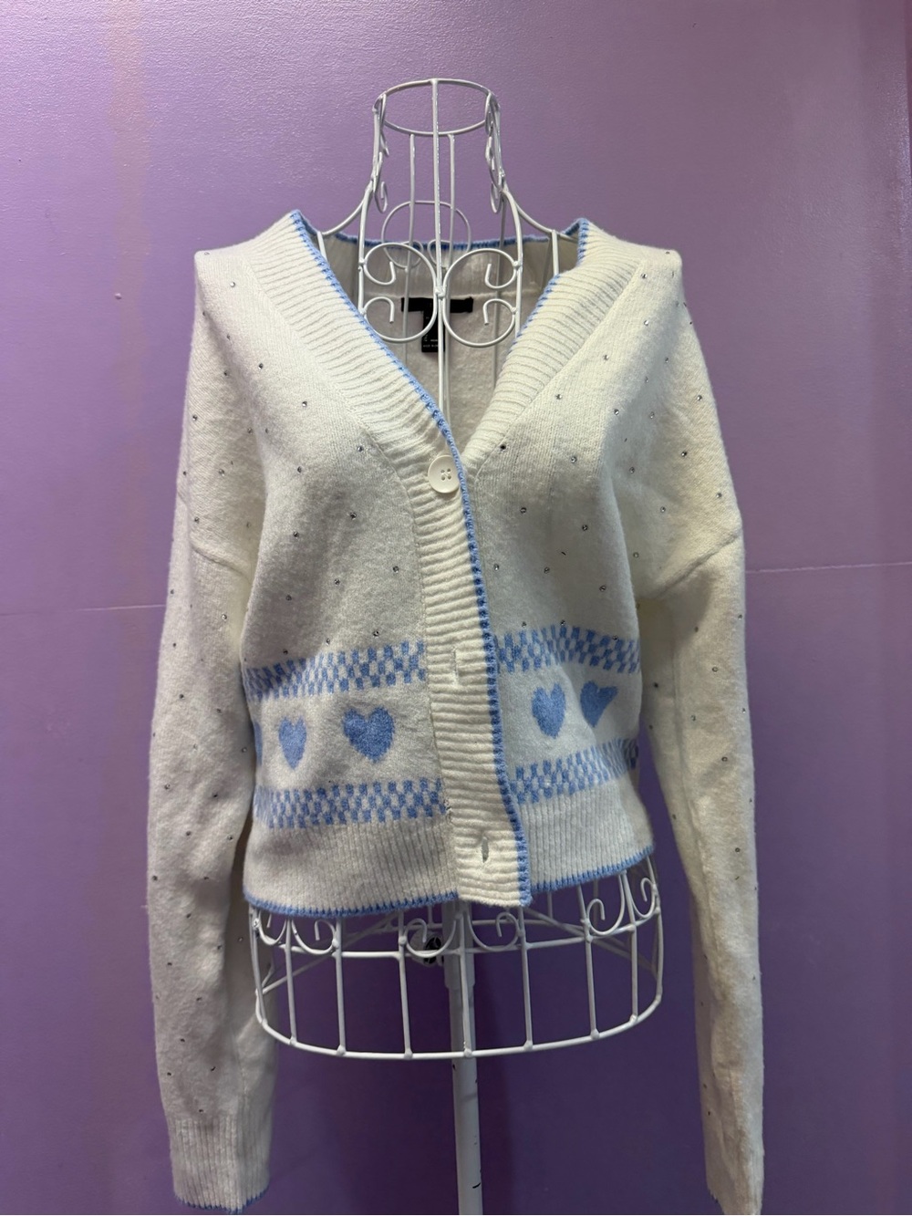 Forever 21 Cream Cardigan with Light Blue Heart & Check Trim